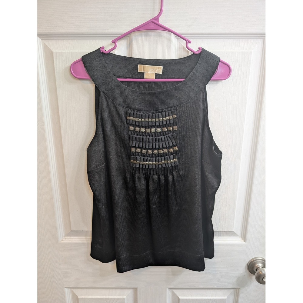 Michael Kors Blouse Womens Black Studded Pleated Tank - Size LP